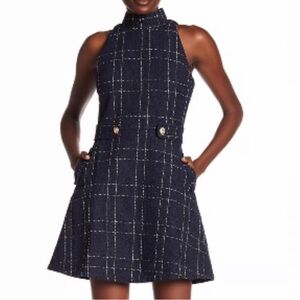Alexia Admor Neiman Marcus Navy Blue Mock Neck Tweed Belted Dress Size XS